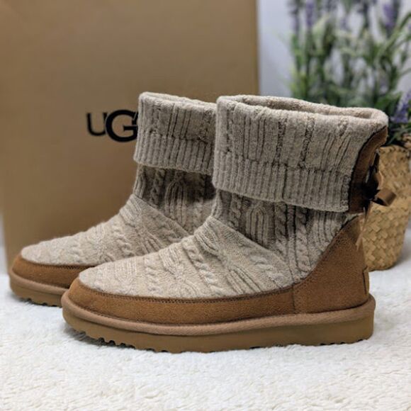 UGG Shoes - UGG Natural Chestnut Classic Mini Cabelle Knit Suede Leather Boots Women's 8 NIB